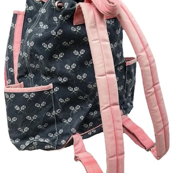 Stylish Blue Canvas White Tennis Racket Patternand Pink Accents Tennis Backpack - Picture 7 of 8